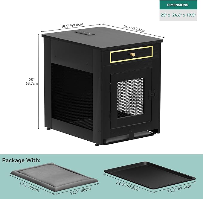 YITAHOME Dog Crate Furniture with Dual USB Charger, Wooden Dog Kennel End Table with Cushion Tray, Drawer for Small Dogs Under 25 lbs Indoor Use, Black