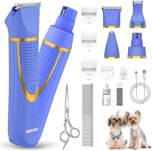 Small Dog Grooming Kit, 4 in 1 Electric Cordless Dog Paw Trimmer with Nail Grinder, Low Noise Dogs Nail Trimmers, IPX7 Waterproof Small Dogs Grooming Clippers for Paws, Ears, Face, Hip Hairl