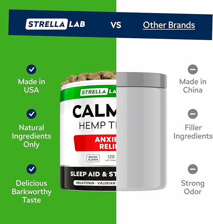 STRELLALAB Vet Formulated Hemp Calming Chews for Dogs - Anxiety Relief Calming Treats - Advanced Melatonin Pet Calm - Natural Sleep Aid & Stress, Separation Anxiety Relief - 120 Treats - Bacon