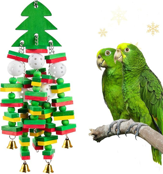Christmas Large Bird Toy - Natural Wooden Parrots Toy with Colorful Edible Blocks for Macaws African Grey Amazon Parrots Cockatoos, Bird Chewing Toy for Gifts Playing(Green)