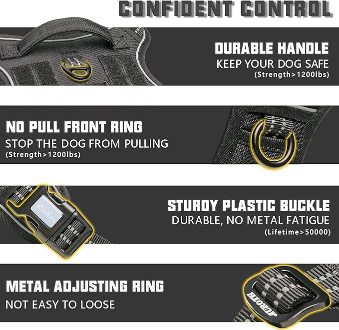 Auroth Tactical Dog Harness for Large Dogs No Pull Adjustable Pet Harness Reflective K9 Working Training Easy Control Pet Vest Military Service Dog Harnesses Black XL