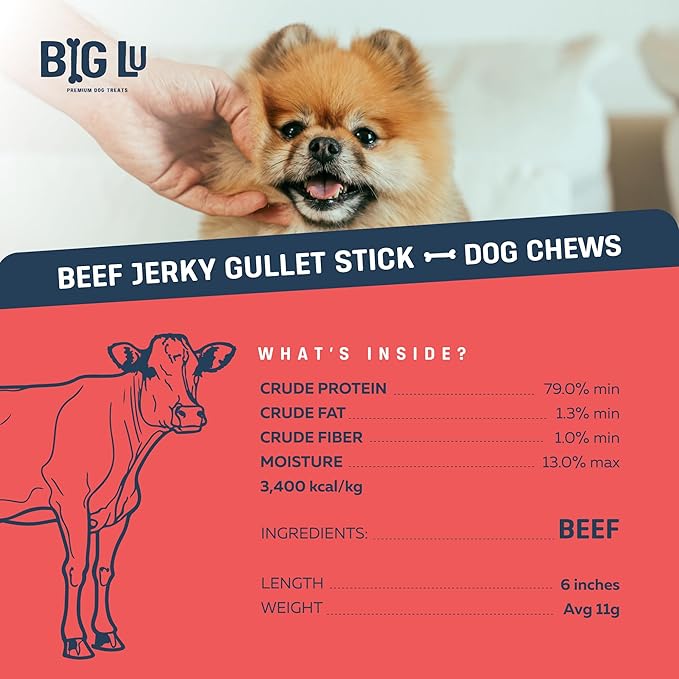 Big Lu - 6-Inch Jerky Gullet Sticks, 6 Count, All-Natural Beef Dog Chews, Grass-Fed, Free-Range, Digestible Treats with Glucosamine and Chondroitin for Joint Health, Dogs