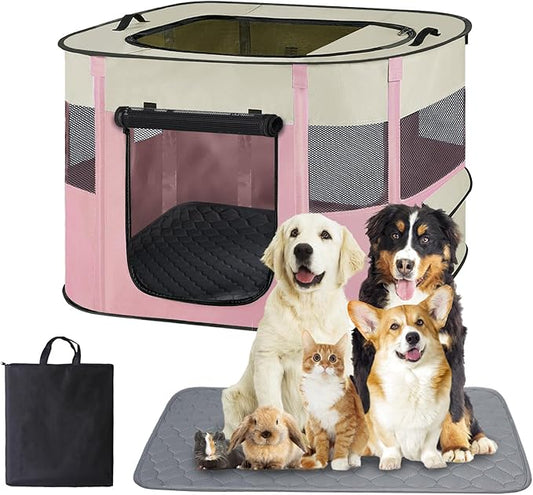 Portable Dog Playpen,Foldable Dog Cat Kennel Tent Cage,Dog Cat Rabbit Crates for Travel Water-Resistant Breathable Shade Cover,Indoor Outdoor Travel Camping Use for Small Puppy Pet Pink L