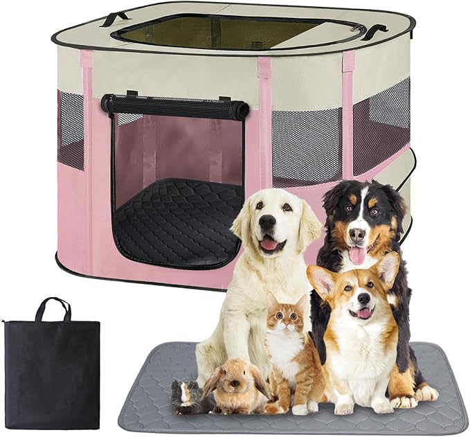 Dog Playpen,Cat Crate,Portable Pet Playpen, Foldable Kennel for Puppy Kitten Rabbit,Breathable Shade Cover,Indoor Outdoor Travel Camping Use for Puppy Cat Dog Pink S