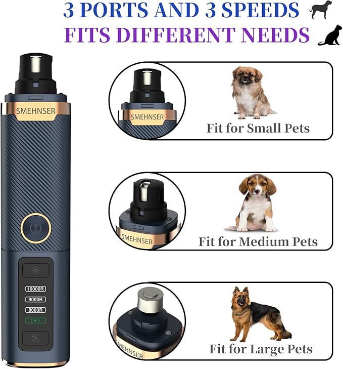 Dog Nail Grinder Upgraded-Professional 3-Speed Dog Nail Trimmers Electric with Super Quiet & Low Vibration, 2 LED Lights, 2 Grinding Wheels, Rechargeable Nail Clippers for Small to Large Pets