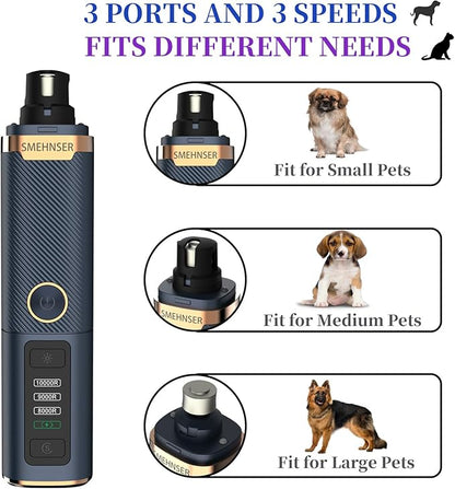 Dog Nail Grinder Upgraded-Professional 3-Speed Dog Nail Trimmers Electric with Super Quiet & Low Vibration, 2 LED Lights, 2 Grinding Wheels, Rechargeable Nail Clippers for Small to Large Pets