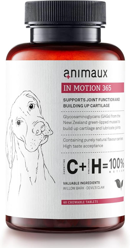 animaux  in Motion 365 for Dogs, Joints, Bones, Mobility, Ligaments and Tendons, Green-Lipped Mussel, Willow Bark and Devil_ Claw, Natural Pain Relief, 60 Chewable Tablets, 60 Days Supply
