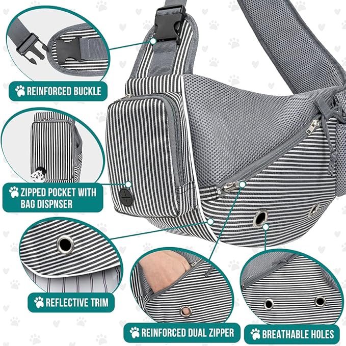 PetAmi Dog Sling Carrier for Small Dogs, Puppy Carrier Sling Purse, Dog Bags For Traveling, Carrying Bag to Wear Medium Cat, Adjustable Crossbody Pet Travel Poop Bag Dispenser, Max 5 lbs, Stripe Black