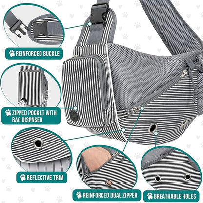 PetAmi Dog Sling Carrier for Small Dogs, Puppy Carrier Sling Purse, Dog Bags For Traveling, Carrying Bag to Wear Medium Cat, Adjustable Crossbody Pet Travel Poop Bag Dispenser, Max 5 lbs, Stripe Black