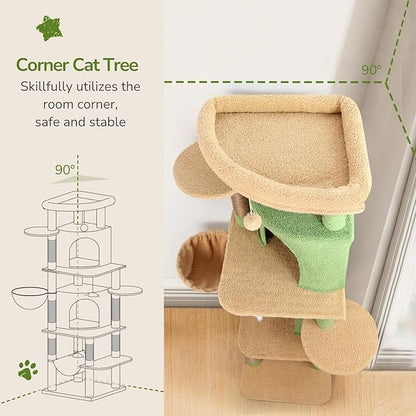 Globlazer Cactus Corner Cat Tree Tower for Large Cat, 66inch Tall Large Cat Tree Condo for Multiple Indoor Cats with 6 Scratching Posts, 2 Spacious Cat Condos, Soft Hammock, Hanging Basket, C66, Green
