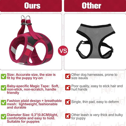 BEAUTYZOO Small Dog Harness and Leash Set,Step in No Chock No Pull Soft Mesh Dog Harnesses Reflective for Extra-Small/Small Medium Puppy Dogs and Cats, Plaid Dog Vest Harness for XS S Pets, Red S