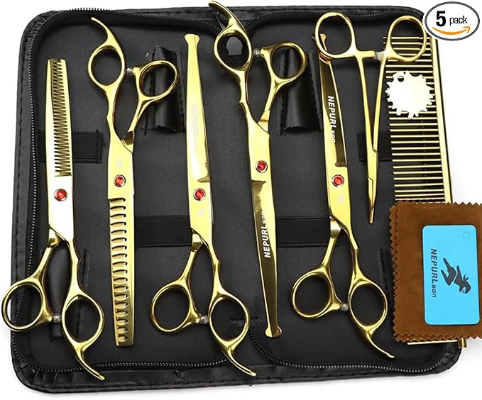 7.0" Dog Scissors Pet Grooming Kit Round-tip Safety Scissors Fishbone Teeth Shears with Forceps Hairdressing Hair Styling Tool Gift Set 5 Pieces (Gold)