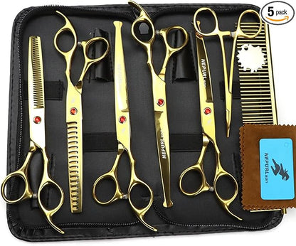7.0" Dog Scissors Pet Grooming Kit Round-tip Safety Scissors Fishbone Teeth Shears with Forceps Hairdressing Hair Styling Tool Gift Set 5 Pieces (Gold)
