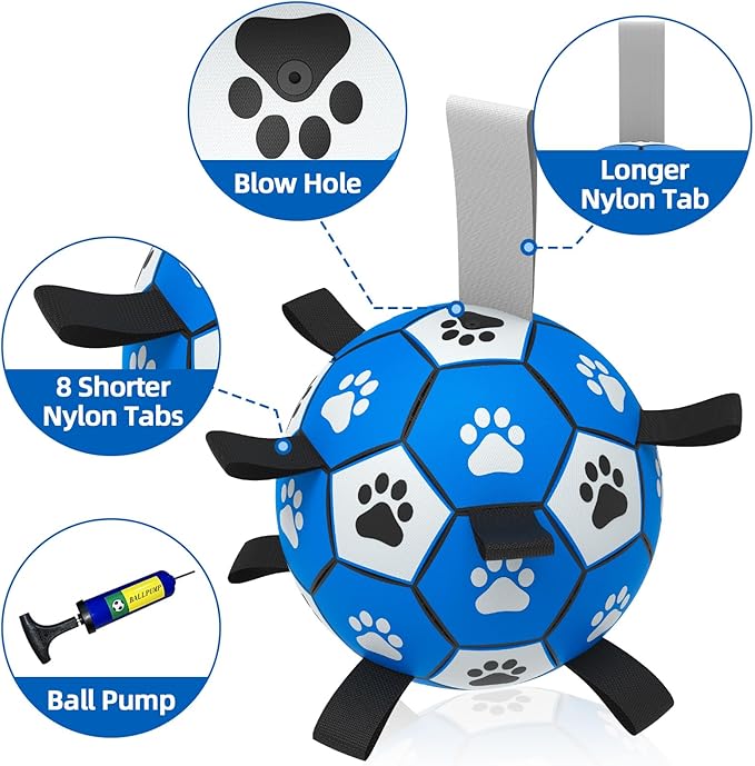 QDAN Dog Ropes Toys Soccer Ball with Straps, Interactive Dog Toys for Tug of War, Puppy Birthday Gifts, Dog Tug Toy, Dog Water Toy, Durable Dog Balls for Small & Medium Dogs-Blue&Grey（6 Inch）