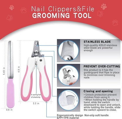 GOESWELL Dog brush for shedding Undercoat Rake for Dogs & Cats - Double Sided Brush for Dematting Comb Grooming Tool kit - Nail Clippers & Nail File (Pink(3 Pack))