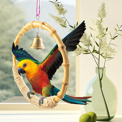Bamboo Ring Bird Swing Perch,Large Circle Cage Hanging Toys,Bird Perch Climbing Toy Steady Natural Birds Hemp Rope Swings for Budgie,Cockatiels,Conures,Finches,Small Parakeets