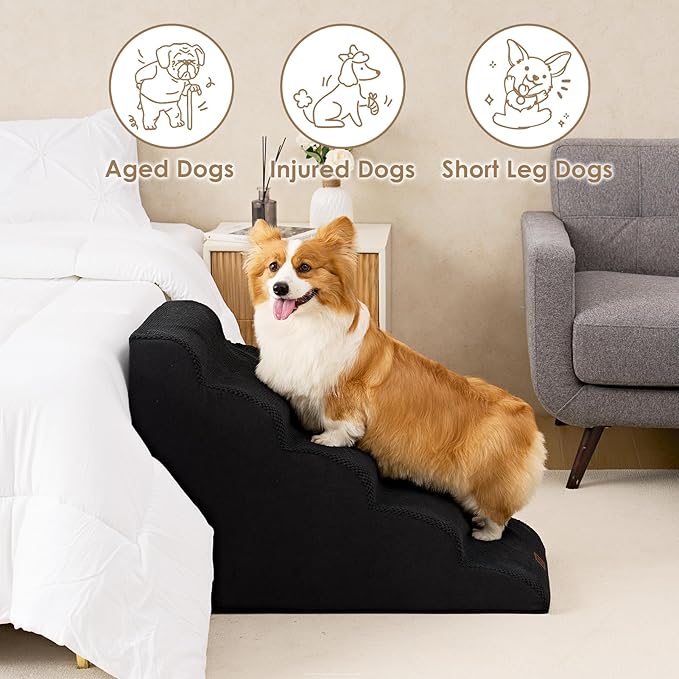 EHEYCIGA Curved Dog Stairs Ramp for High Beds 22.6" H, 5-Step Dog Steps for Small Dogs and Cats, Pet Stairs for High Bed Climbing, Non-Slip Balanced Pet Step Indoor, Black