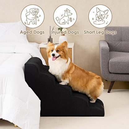 EHEYCIGA Curved Dog Stairs Ramp for High Beds 22.6" H, 5-Step Dog Steps for Small Dogs and Cats, Pet Stairs for High Bed Climbing, Non-Slip Balanced Pet Step Indoor, Black