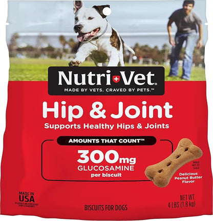Nutri-Vet Hip and Joint Biscuits for Dogs, Large Breed Mobility Supplement, 300mg Glucosamine per Dog Treat, Supports Cartilage Flexibility and Connective Tissue, Crunchy Peanut Butter Flavor, 4lb Bag