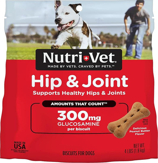 Nutri-Vet Hip and Joint Biscuits for Dogs, Large Breed Mobility Supplement, 300mg Glucosamine per Dog Treat, Supports Cartilage Flexibility and Connective Tissue, Crunchy Peanut Butter Flavor, 4lb Bag