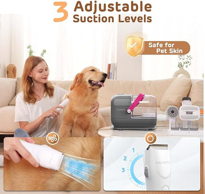 Dog Grooming Vacuum Kit - 3L Vacuum with 7 Tools, Low Noise Electric Clipper and Brush for Pet Shedding at Home, Gray