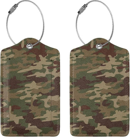 2 Pcs Green Camouflage Luggage Tag for Suitcase, Army Military Camo Tags Birthday Gifts for Men Women Travel Mother's Day Father, Identifiers Privacy Cover ID Label with Steel Loop