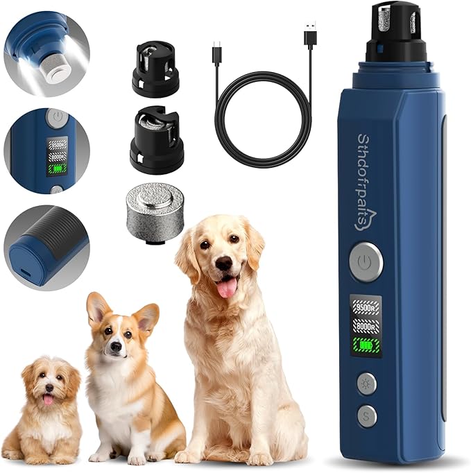 Dog Nail Grinder, 2-Speed & LED Light Rechargeable 2000mAh Powerful Super Quiet Dog Nail Trimmers Polisher Clippers Pet Paws Grooming & Smoothing for Small to Large Dogs