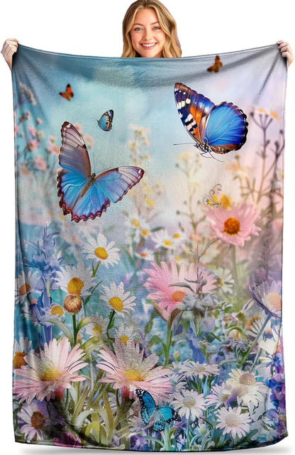 Enchanted Garden Butterflies Throw Blanket - Soft, Cozy, Lightweight Flannel - Warm, Plush, Fuzzy Decor for Couch, Office, Travel - Vibrant Flower and Butterfly 60×80 Inch