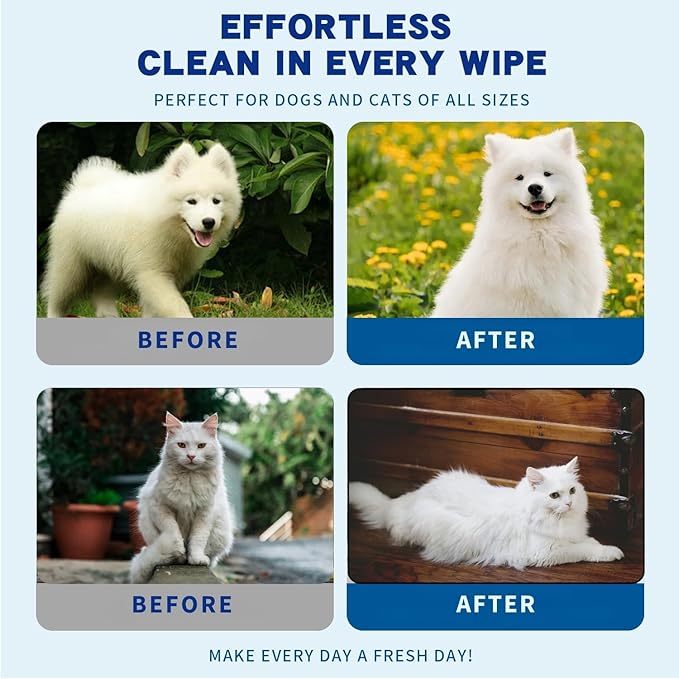 Pet Bathing Glove Wipes for Dogs and Cats, Lick Safe Deodorizing No Rinse Cleaning Glove Wipes with Plant-Based Cat Calming Ingredient, Cleaning Paws, Face, Fur and Butt (10 Pcs)