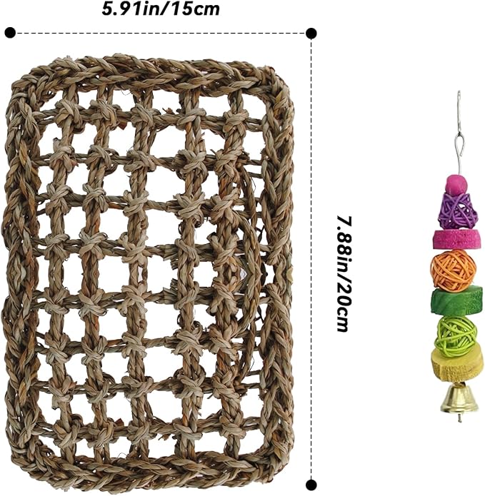 Bird Swing Toy Seagrass Mat, Natural Sea-Weed Woven Parrot Hammock Swing Bird Net Hammock Mat Climbing Swing Mat with Colorful Chewing Rope Toys for Parakeets, Budgie,Conure,Cockatiel,Lovebird