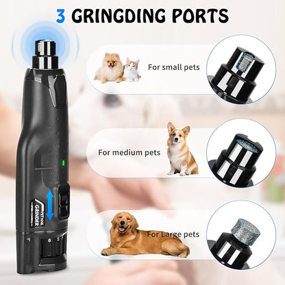 Dog Nail Grinder Quiet Low Vibration, 6 Speed Pet Nail Grinder with 2 LED Lights for Large Medium Small Dogs Cats, Professional 3 Ports Rechargeable Electric Dogs Nail Trimmer (Grey)