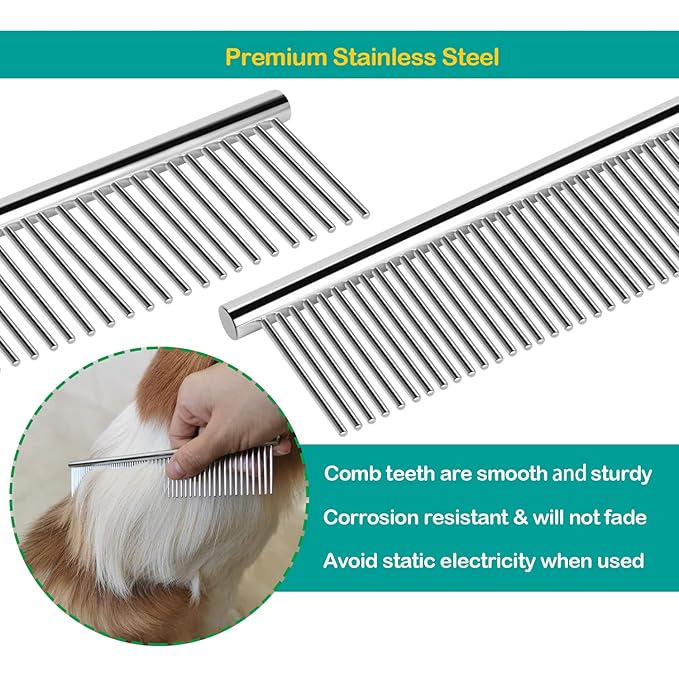3 Pack Dog Combs for Grooming Matting, Metal Cat Comb with Round Ends, Stainless Steel Pet Grooming Comb for Removing Tangles and Knots for Long and Short Haired Dog (7.4 inches)