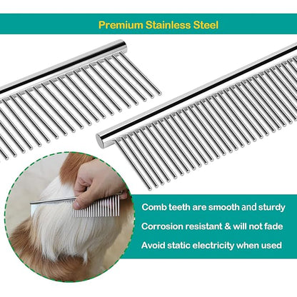 3 Pack Dog Combs for Grooming Matting, Metal Cat Comb with Round Ends, Stainless Steel Pet Grooming Comb for Removing Tangles and Knots for Long and Short Haired Dog (7.4 inches)