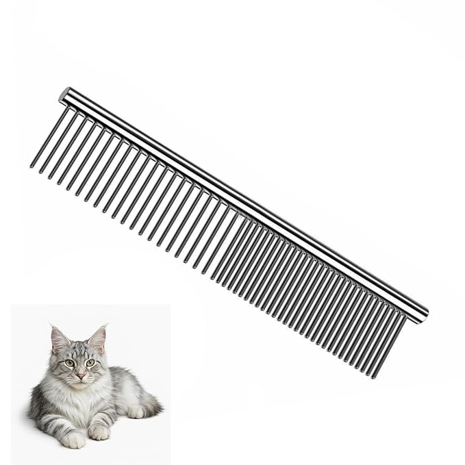 Dog Comb and Cat Combs Stainless Steel Teeth, Grooming Tool for Long & Short Hair, Dematting Comb for Dogs, Removes Tangles & Knots (Small Silver)