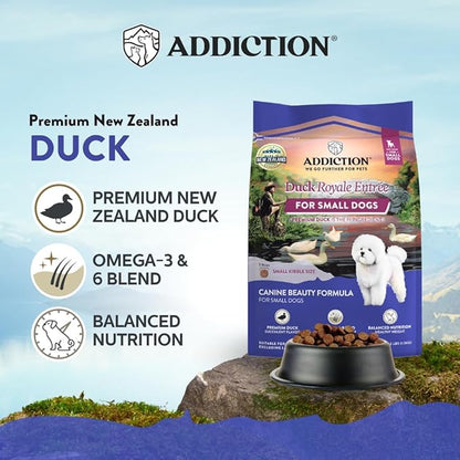 Addiction Duck Royale Entrée Premium Small Breed Dry Dog Food - Ideal for Puppies, Adults & Seniors - Grain-Free/Gluten-Free Kibbles for Small Dogs - 3.lb Bag Crafted in New Zealand