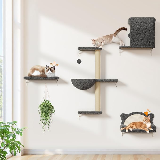 Cat Wall Shelves 5-in-1 Modern Climbing Wall Furniture Set for Cats with Scratching Posts, Cat Bed & Sofa, Space-Saving Perch for 16" Drywall, Gray