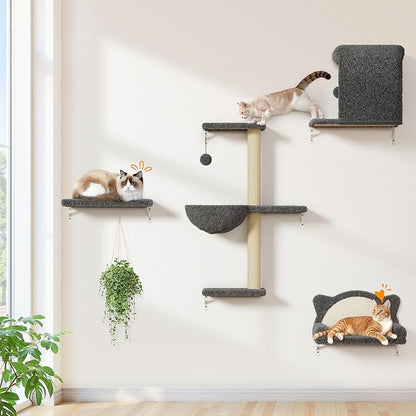 Cat Wall Shelves 5-in-1 Modern Climbing Wall Furniture Set for Cats with Scratching Posts, Cat Bed & Sofa, Space-Saving Perch for 16" Drywall, Gray