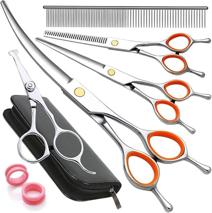 Dog Grooming Kit 7.5in Professional Dog Grooming Scissors Curved Set Including Straight Cutting,Thinning Shears,Curved Scissors,Round Tips Trimming and Comb, Cat Dogs Grooming clippers for Face Paws