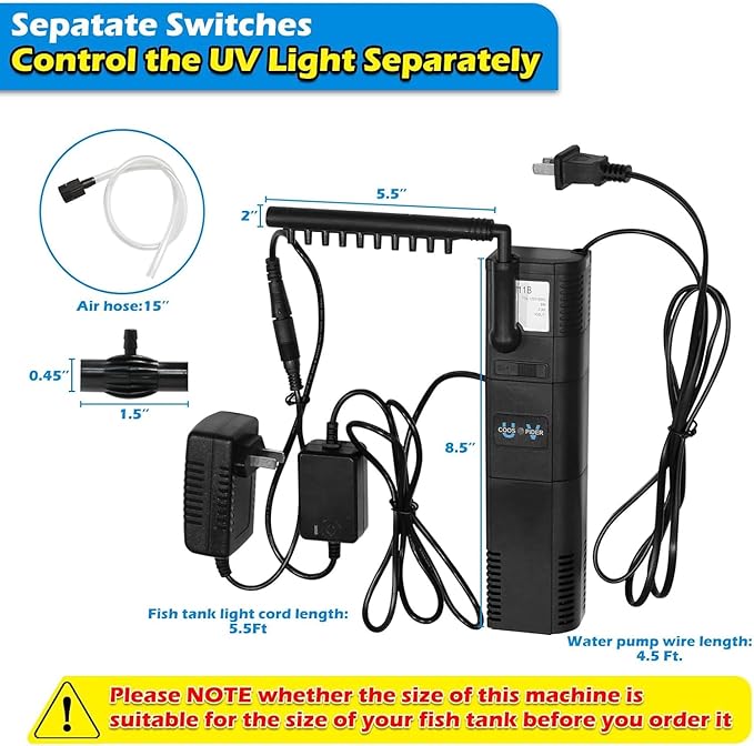 Small Fish Tank Filter for 10-20 Gallon Tank, U-V Aquarium Rainfall Submersible Green Clean Machine 120GPH Internal Betta Turtle Freshwater Saltwater Crystal Clear Killing