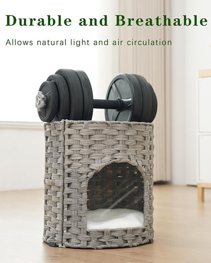 Cat House for Indoor Cat, Small Cat Houses Handwoven PE Rattan Kitten Cave, Pet Kitten Bed Covered, One Bed Pad, 13 x 13 x 13.7 Inches, Foldable Hideaway in Living Room Gray