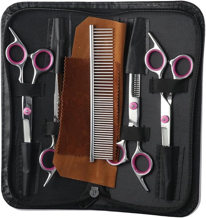 Dog Grooming Scissors, Stainless Steel 5 in 1 Dog Grooming Scissors, with Safety Round TipsProfessional Dog Grooming Kit(Blue)