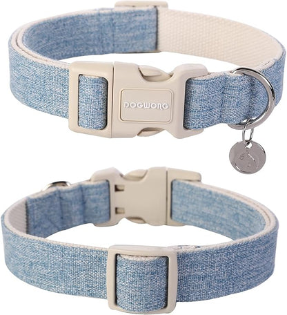DOGWONG Cotton Hemp Dog Collar, Heavy-Duty Baby Blue Dog Collar Adjustable Soft Natural Fabric Pet Dog Collar Cute Wedding Puppy Necklace for Small Medium Large Dog