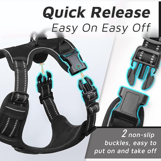 Dog Harness, No-Pull Pet Harness with 2 Leash Clips, Adjustable Soft Padded Dog Vest, Reflective No-Choke Pet Oxford Vest with Easy Control Handle for Medium Dogs, Black,