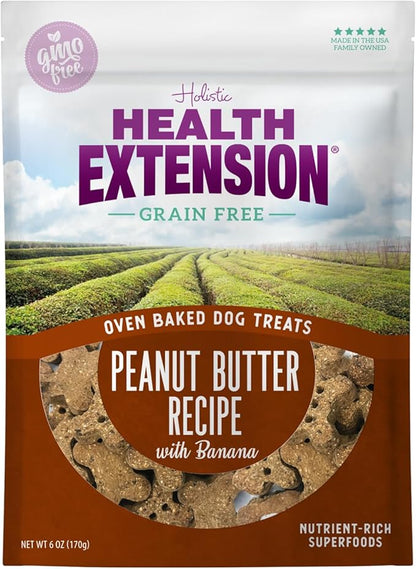Health Extension Oven-Baked Dog Treats, 6oz (170g), Peanut Butter & Banana Recipe  Gluten & Grain-Free, Superfood-Infused, Crunchy Biscuits for Puppy Training