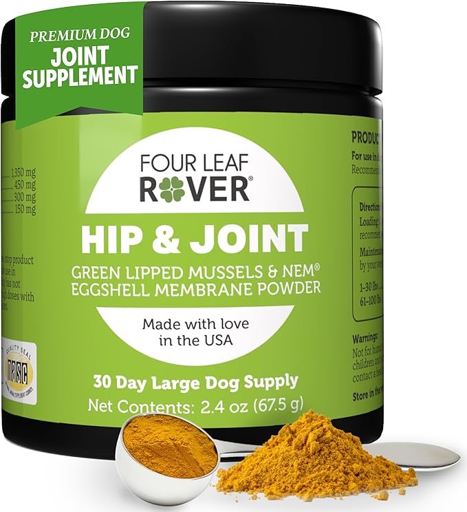 Four Leaf Rover Hip & Joint - Mobility & Joint Support with Glucosamine and Chondroitin for Dogs, 2.4 oz - 22 to 60 Day Supply, Depending on Dog_ Weight - Vet Formulated - Easy to Mix - Delicious