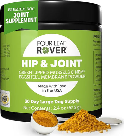 Four Leaf Rover Hip & Joint - Mobility & Joint Support with Glucosamine and Chondroitin for Dogs, 2.4 oz - 22 to 60 Day Supply, Depending on Dog_ Weight - Vet Formulated - Easy to Mix - Delicious