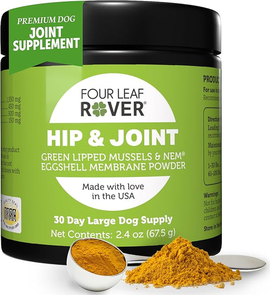 Four Leaf Rover Hip & Joint - Mobility & Joint Support with Glucosamine and Chondroitin for Dogs, 2.4 oz - 22 to 60 Day Supply, Depending on Dog_ Weight - Vet Formulated - Easy to Mix - Delicious