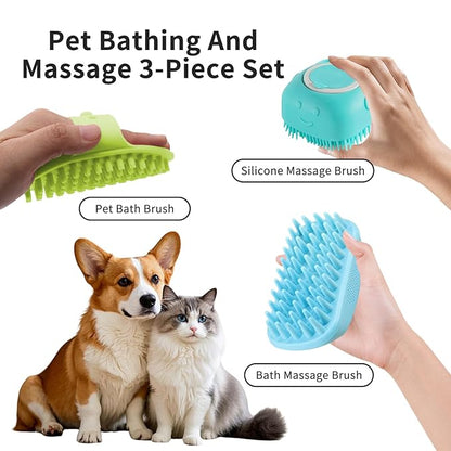 3Pcs Dog Bath Brush Set Pet Grooming Brush with Adjustable Handle Pet Shower Washing Shampoo Scrubber Brush for Short Long Haired Dogs Cats (Blue, Green, Blue)