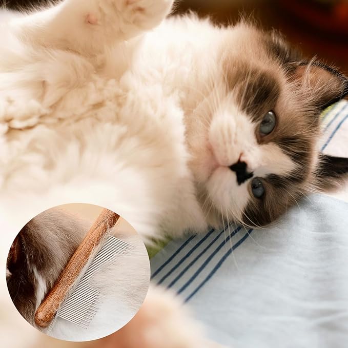 3 Pack Solid Wood Cat Combs, Dog Combs Cat Comb for Removing Tangles and Knots Flea Lice Comb with Rounded Stainless Steel Teeth Pet Comb Grooming Tool for Cats,Dogs and rabbits