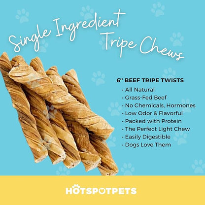 hotspot pets Tripe Twists for Dogs - Premium All Natural Beef Sticks - Single Ingredient Crunchy Dog Chew Treats - Rawhide Free -6 Inch Dog Treats